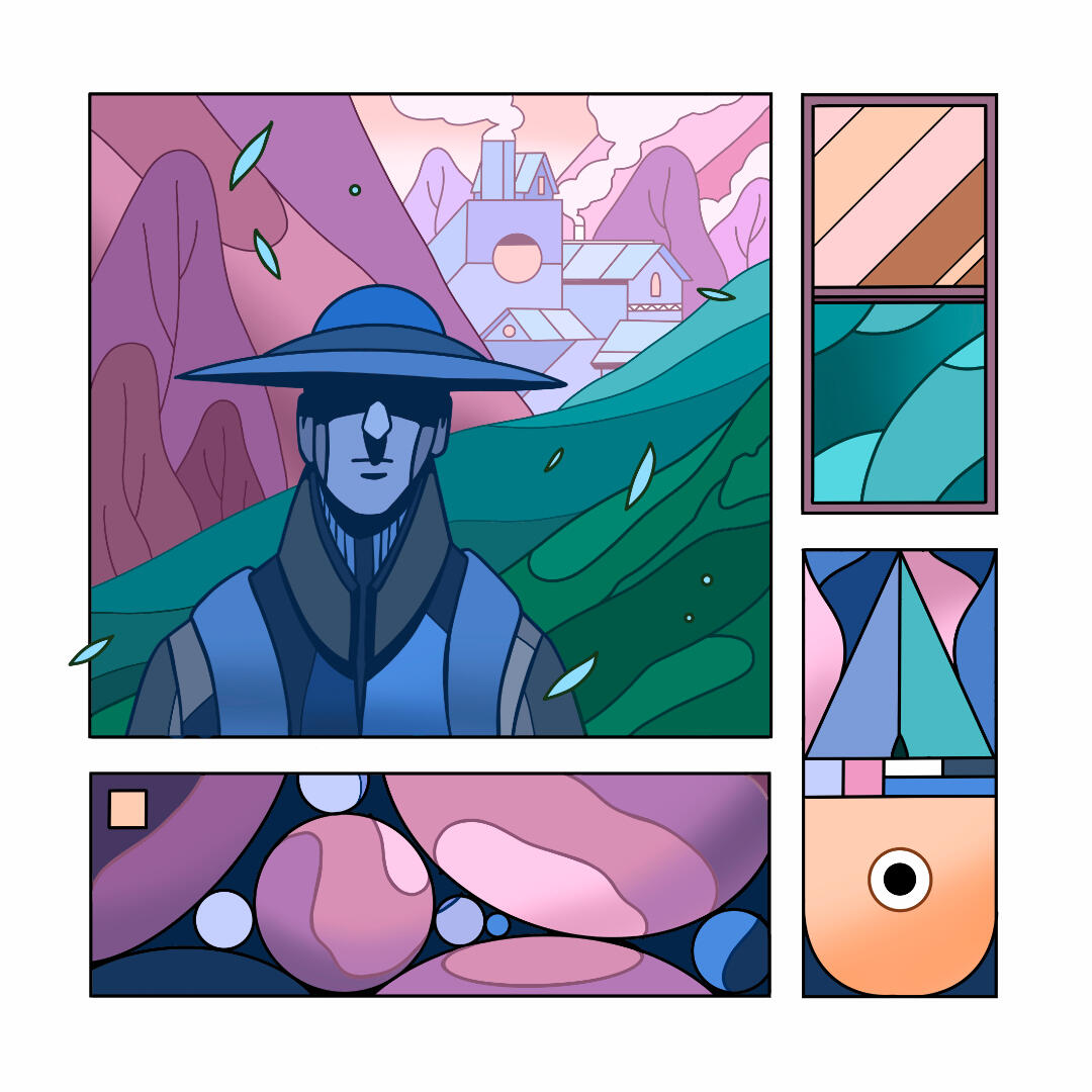 Une illustration en cases de Lucas Saenger représentant un personnage devant un paysage. Les autres cases sont des éléments abstraits.