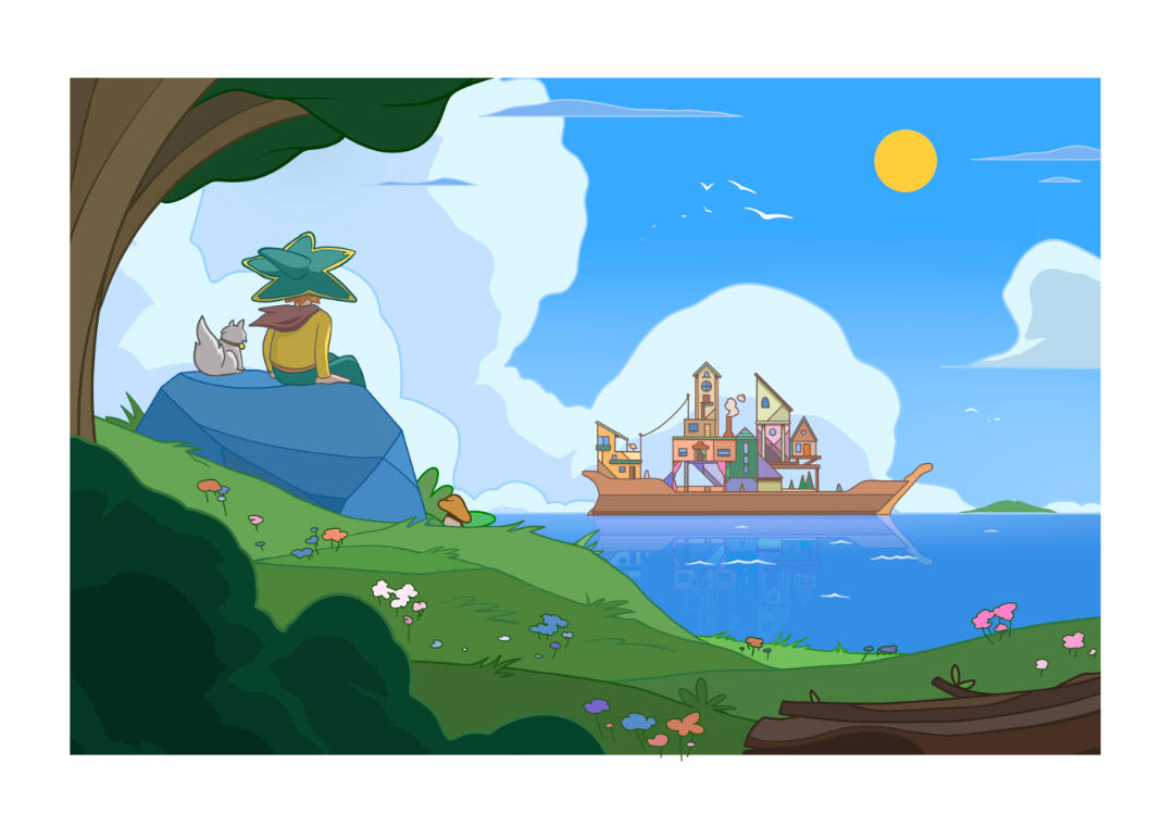 Une illustration de Lucas Saenger représentant une scène du jeu Spiritfarer, du studio Thunder Lotus.