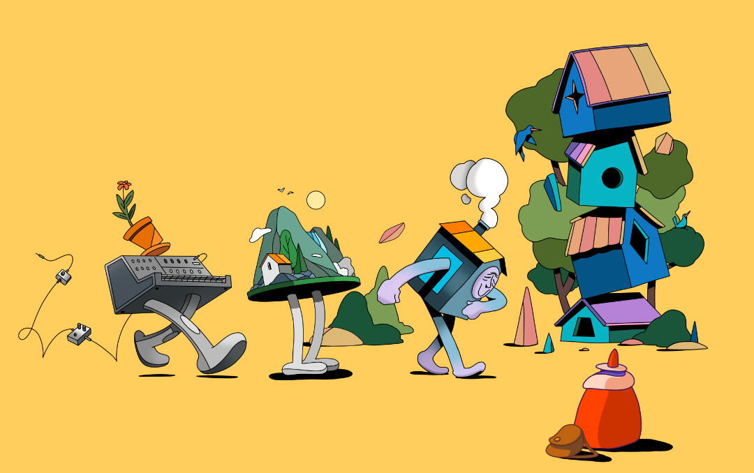 Une illustration de Lucas Saenger. Une composition représentant des personnages loufoques formant une parade.
