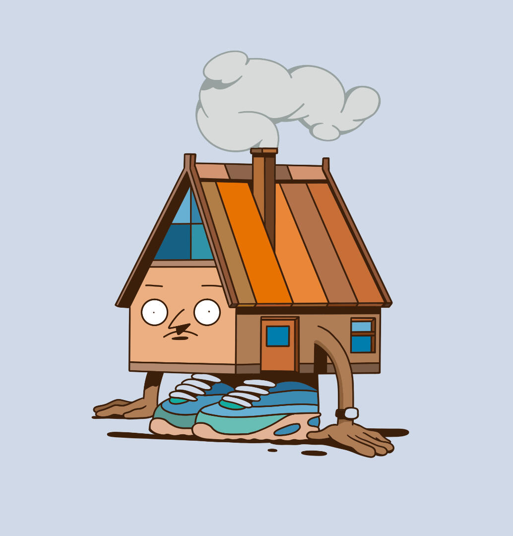 Une illustration de Lucas Saenger. Une maison sur pattes à l'air perplexe.