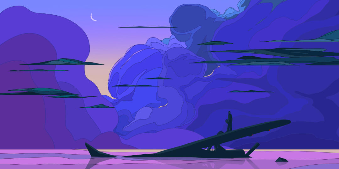 Une illustration de Lucas Saenger, représentant un paysage au soleil couchant. On y voit au premier plan un avion échoué et un personnage qui regarde le ciel.