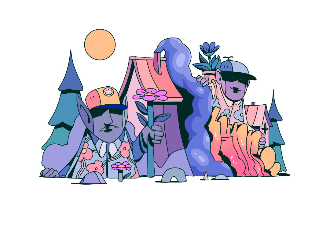 Une illustration de Lucas Saenger. Une composition représentant un paysage et deux personnages portant des fleurs.