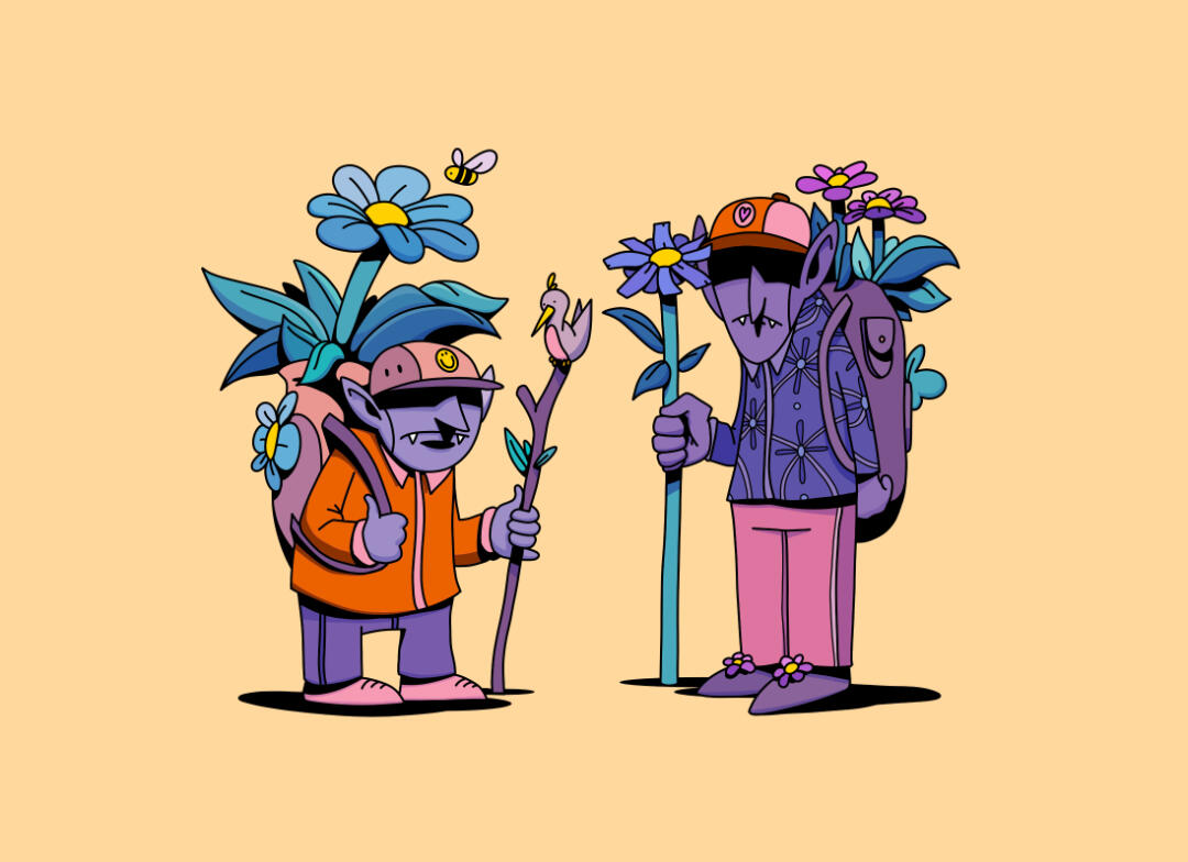 Une illustration de Lucas Saenger. Deux gobelins grincheux portant de grands sacs à dos remplis de fleurs.