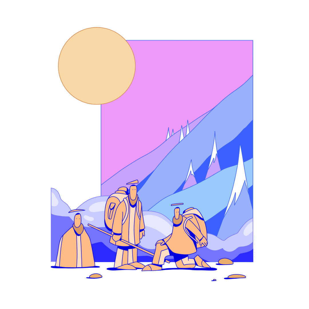 Une illustration de Lucas Saenger représentant des personnages étranges devant un paysage coloré et montagneux.