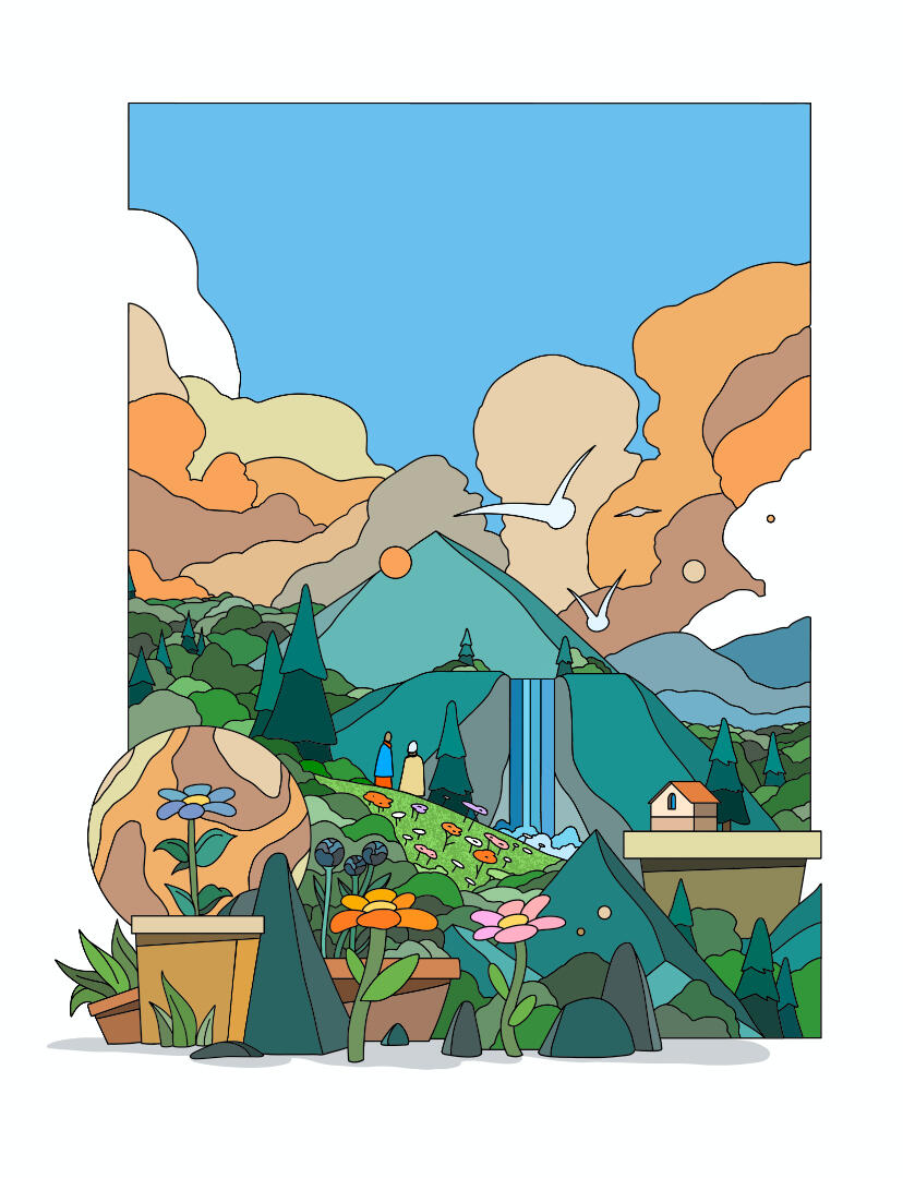 Une illustration de Lucas Saenger, représentant un paysage paisible et coloré, avec un avant plan de fleurs. Deux personnages y regardent la vue.