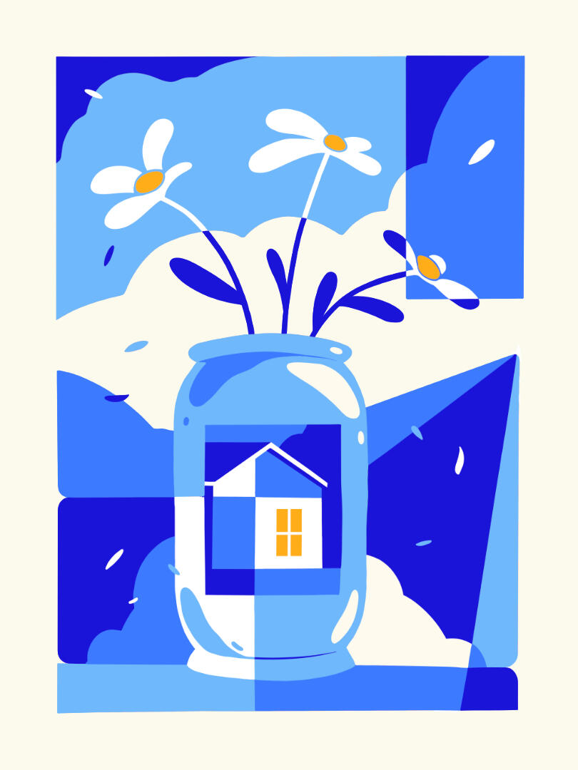 Une illustration de Lucas Saenger. Une composition représentant un vase rempli de fleurs dans des couleurs bleues.