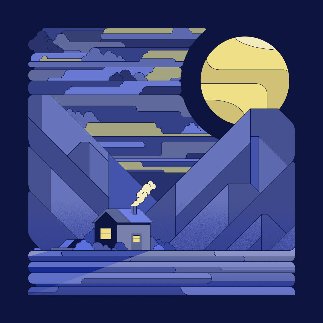 Une illustration de Lucas Saenger représentant une hutte dans une vallée de nuit, avec un style simplifié.