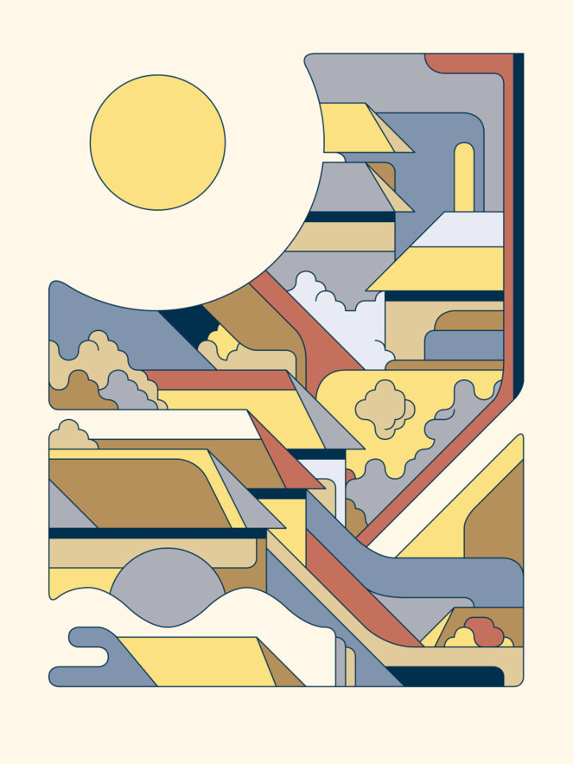 Une illustration de Lucas Saenger représentant une une source chaude et des fumées thermales, dans un style simplifié.