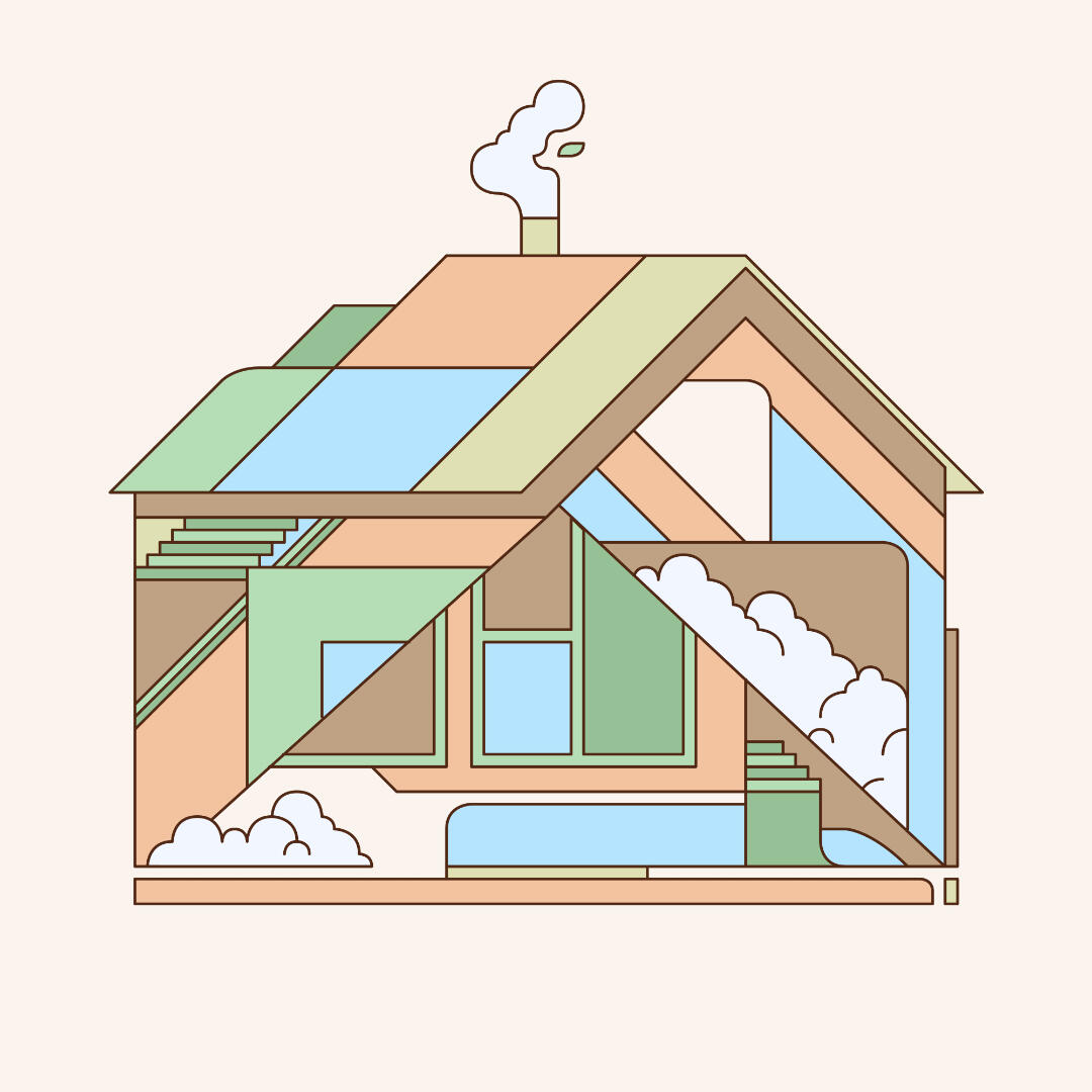 Une illustration de Lucas Saenger représentant une maison décomposée en formes, avec un style simplifié.