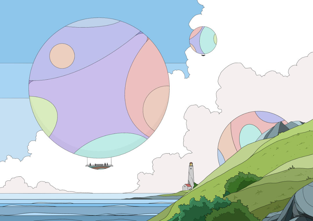 Une illustration de Lucas Saenger représentant un paysage côtier avec des montgolfières géantes.