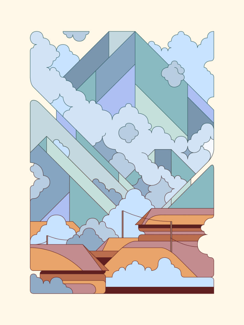 Une illustration de Lucas Saenger représentant un village devant les montagnes, dans un style simplifié.