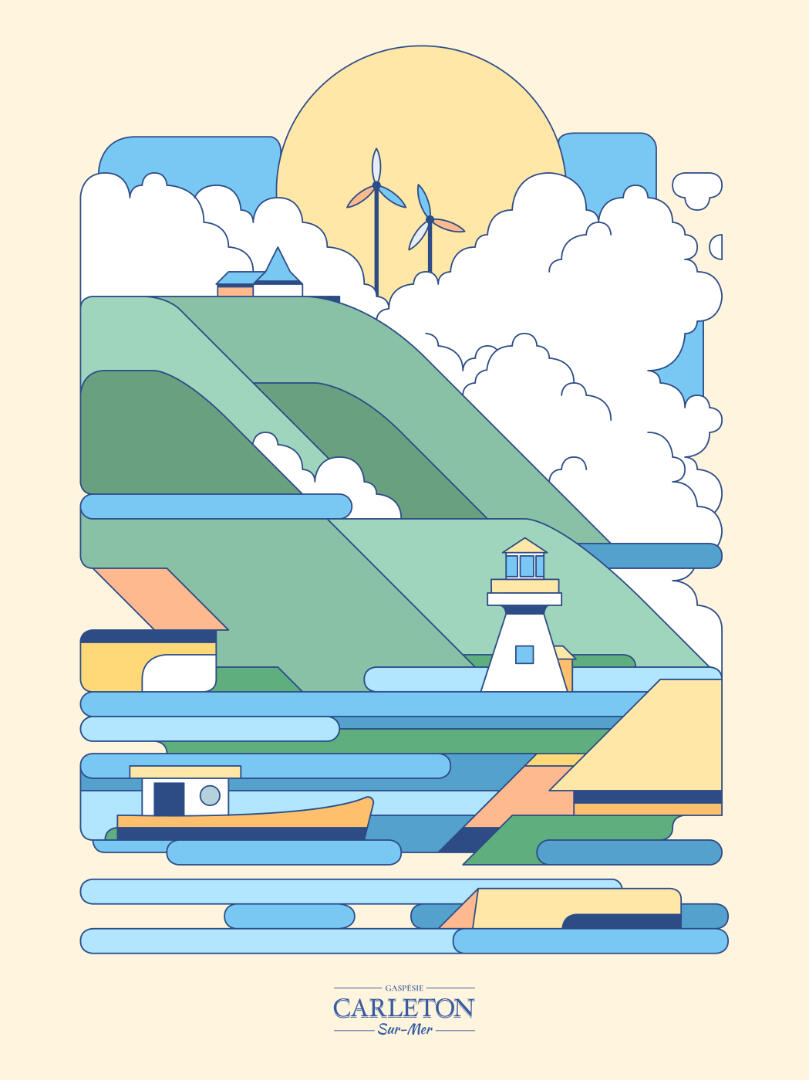 Une illustration de Lucas Saenger représentant le paysage de Carleton sur mer, avec un style simplifié.
