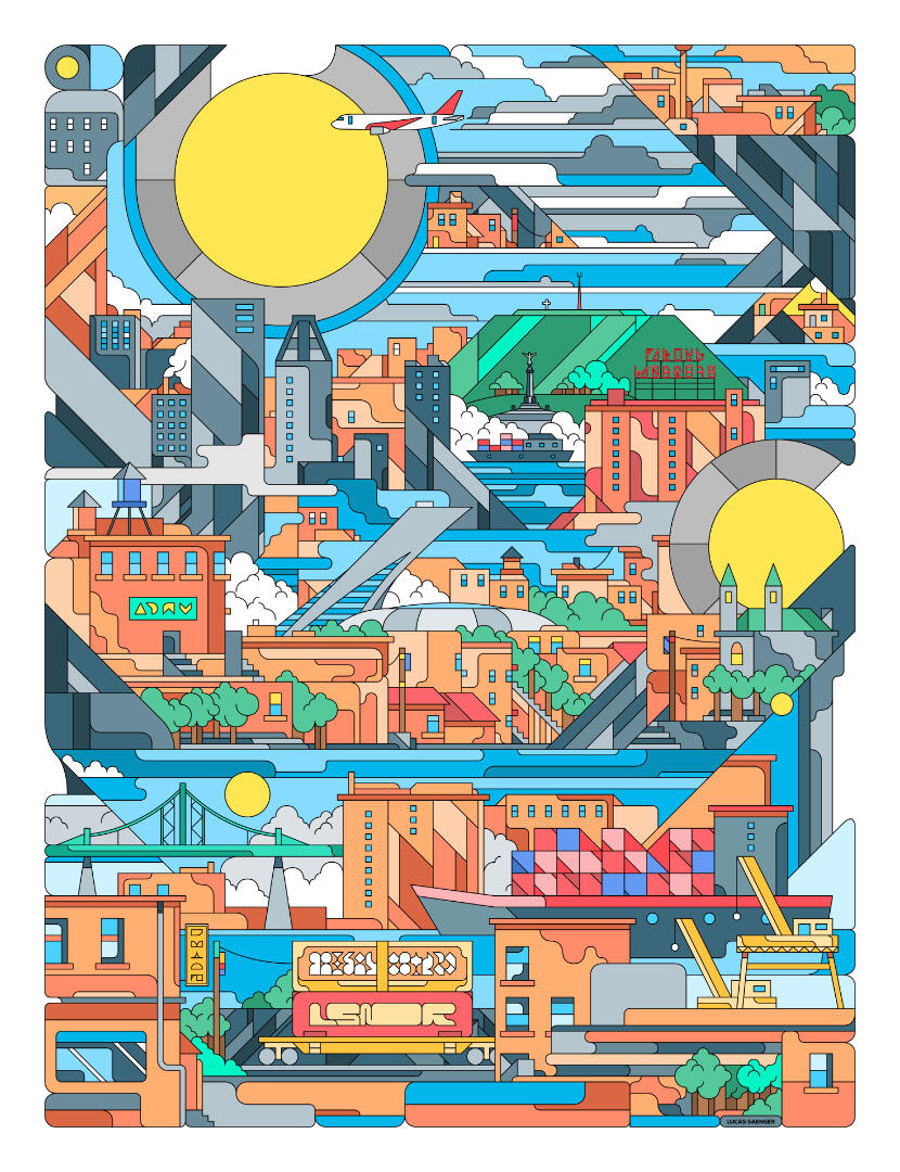 Une illustration de Lucas Saenger représentant Montréal de manière graphique, dans un style simplifié.