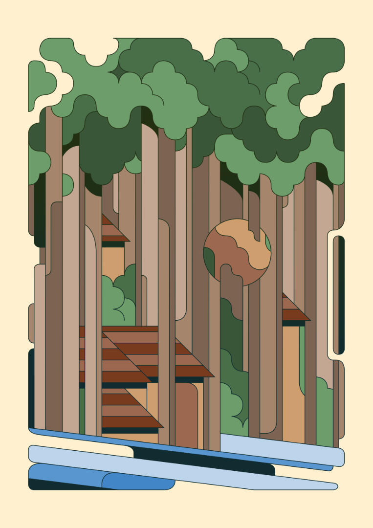 Une illustration de Lucas Saenger représentant une forêt d'où l'on voit déopasser des cabanes, dans un style simplifié.