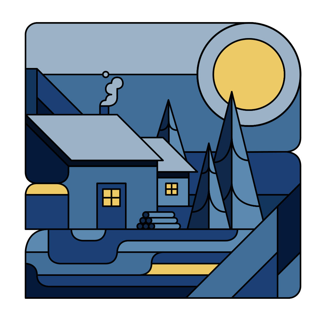 Une illustration de Lucas Saenger représentant une cabane dans un paysage de nuit sous la lune, avec un style simplifié.