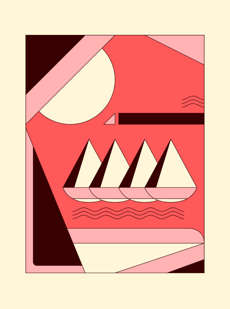 Une illustration de Lucas Saenger représentant des bateaux à voile, dans un style simplifié.