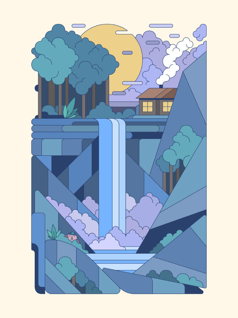 Une illustration de Lucas Saenger représentant une cabane dans la forêt au sommet d'une cascade, avec un style simplifié.