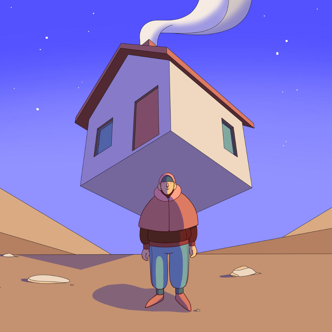 Une illustration de Lucas Saenger. Une composition représentant un personnage devant une maison volante.