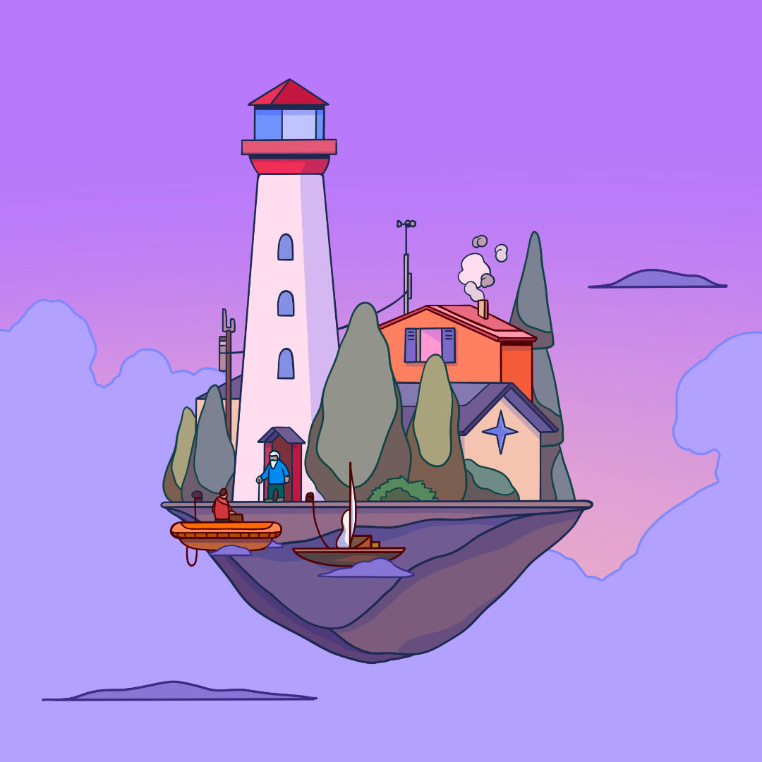 Une illustration de Lucas Saenger. Un phare sur une île volante au couchant.