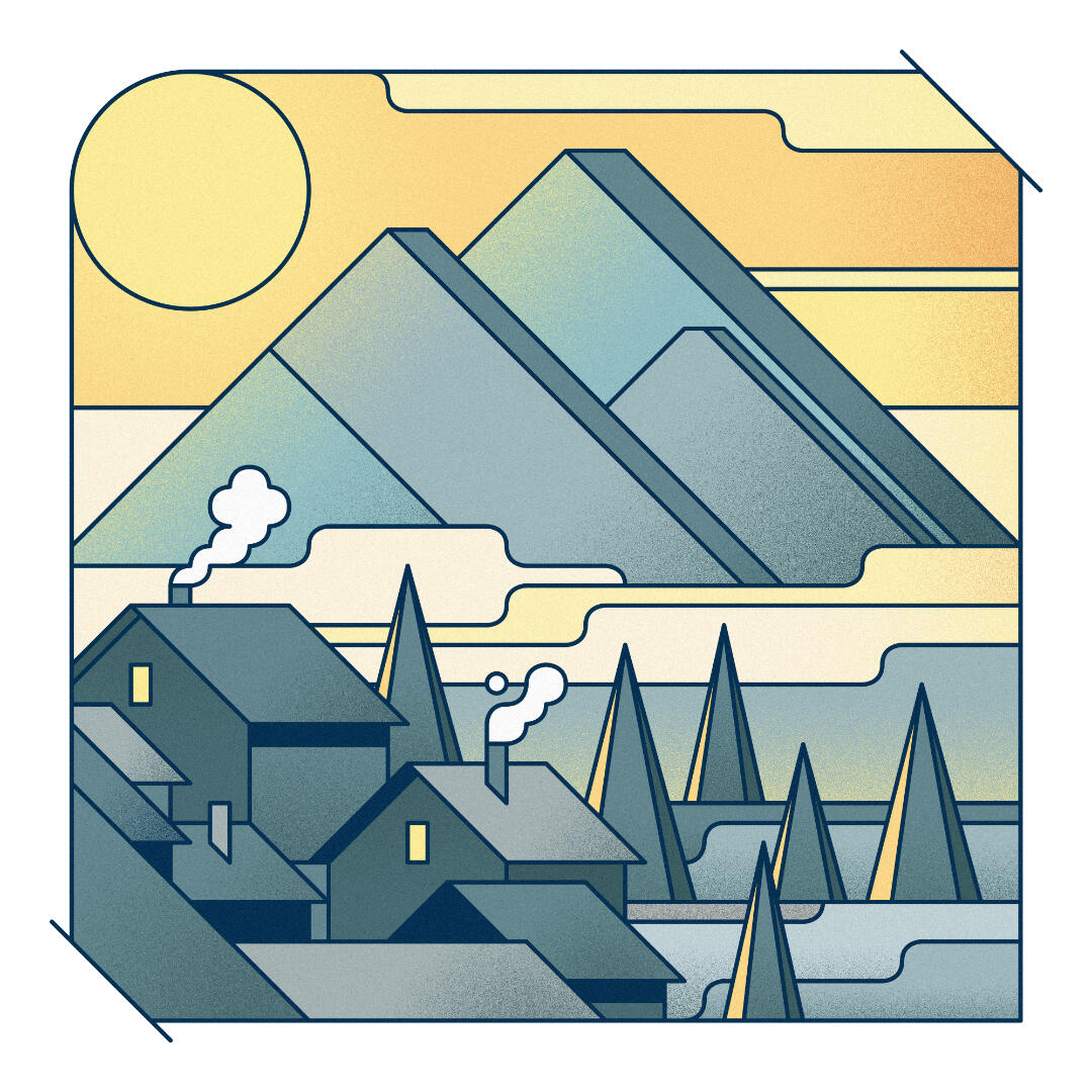 Une illustration de Lucas Saenger représentant un paysage alpin avec des chalets au premier plan.