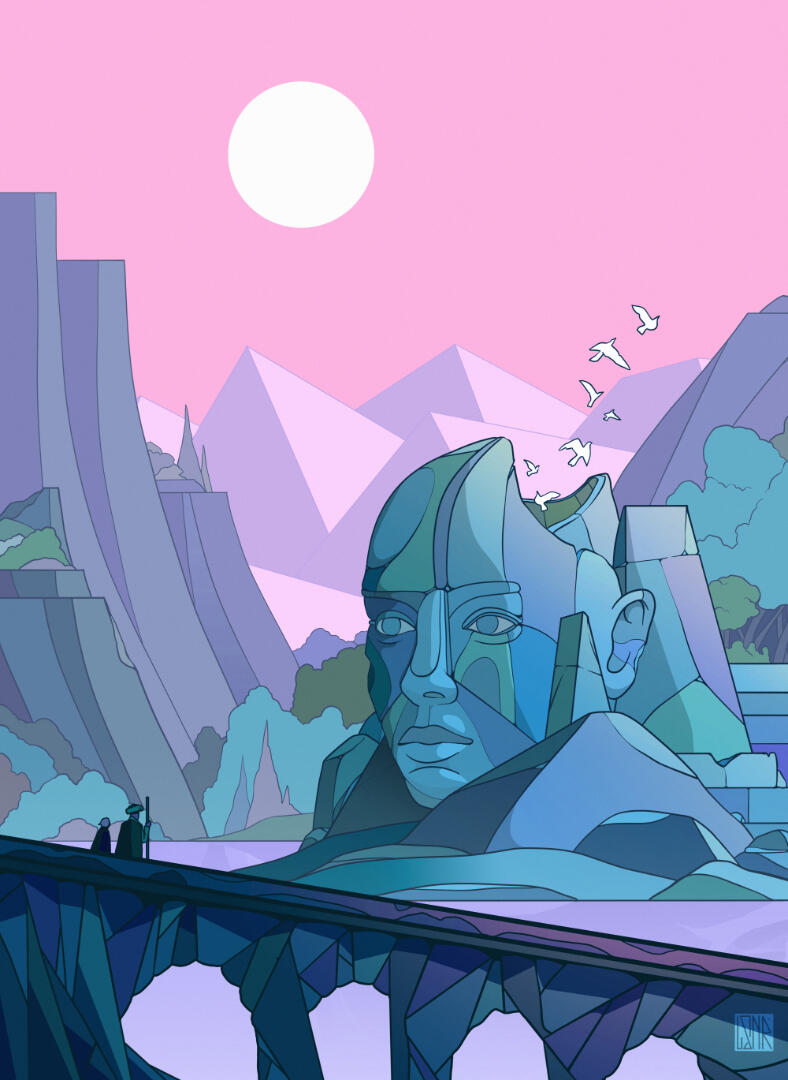 Une illustration de Lucas Saenger. Un paysage fantastique avec desmpersonnages observant une ruine au premier plan.