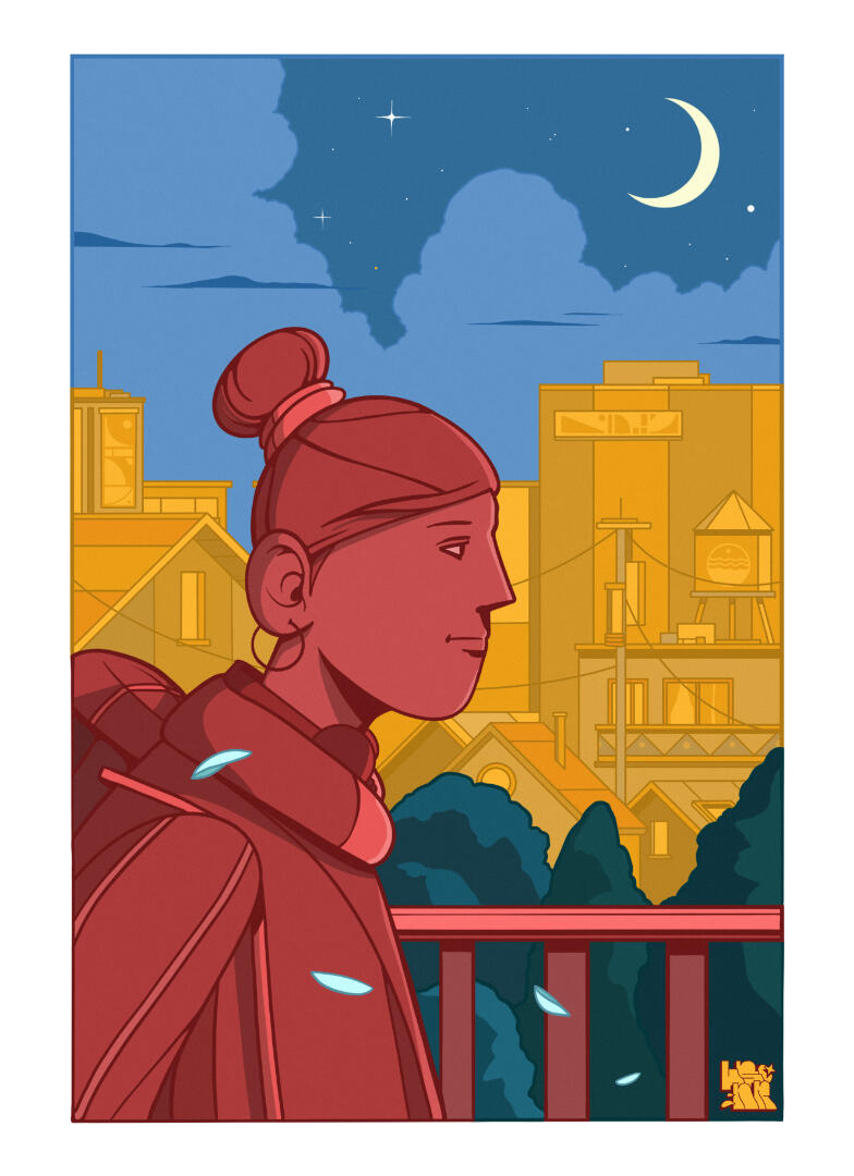 Une illustration de Lucas Saenger. On y voit un personnage marchant devant une ville de nuit.