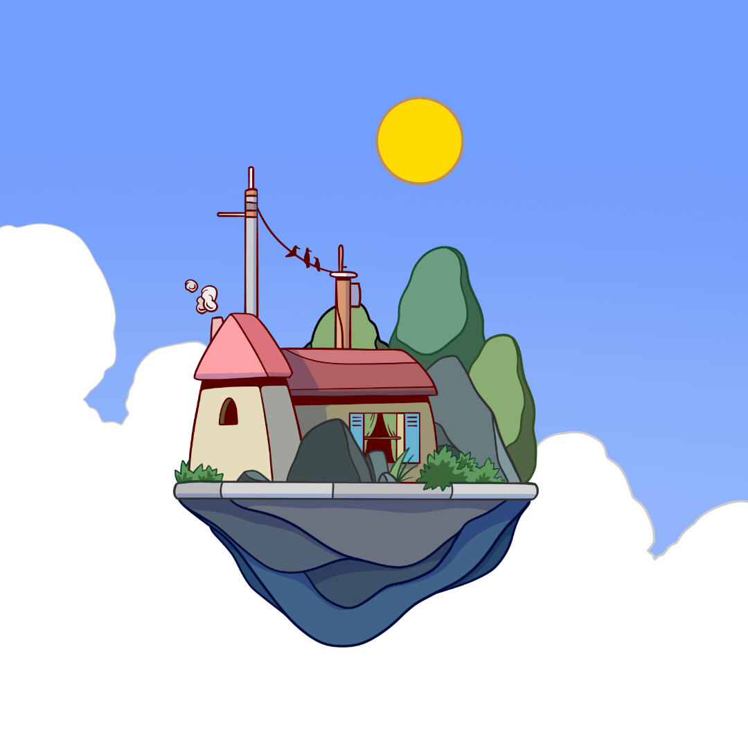 Une illustration de Lucas Saenger. Un maison sur une île flottante.