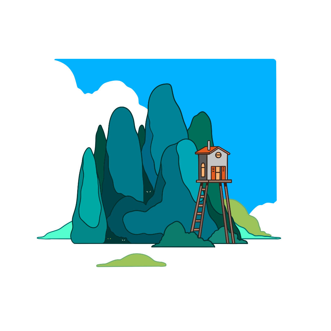 Une illustration de Lucas Saenger. Un e cabane devant une forêt mystérieuse.