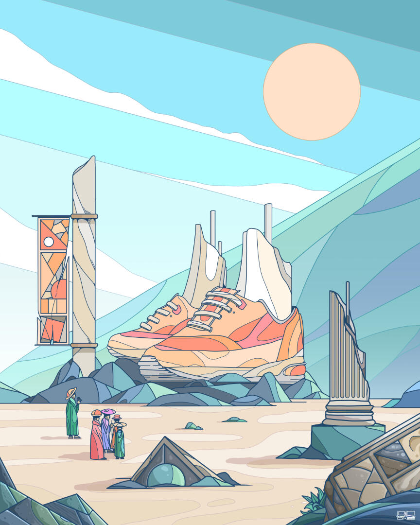 Une illustration de Lucas Saenger. Un paysage fantastique avec des ruines d'une civilisation ancienne.