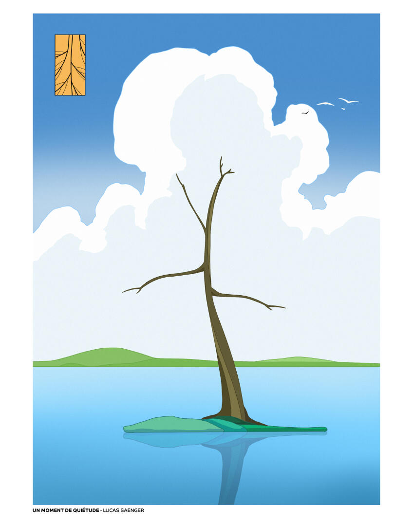 Une illustration de Lucas Saenger. un paysage épuré avec un arbre mort coiffé de nuages.