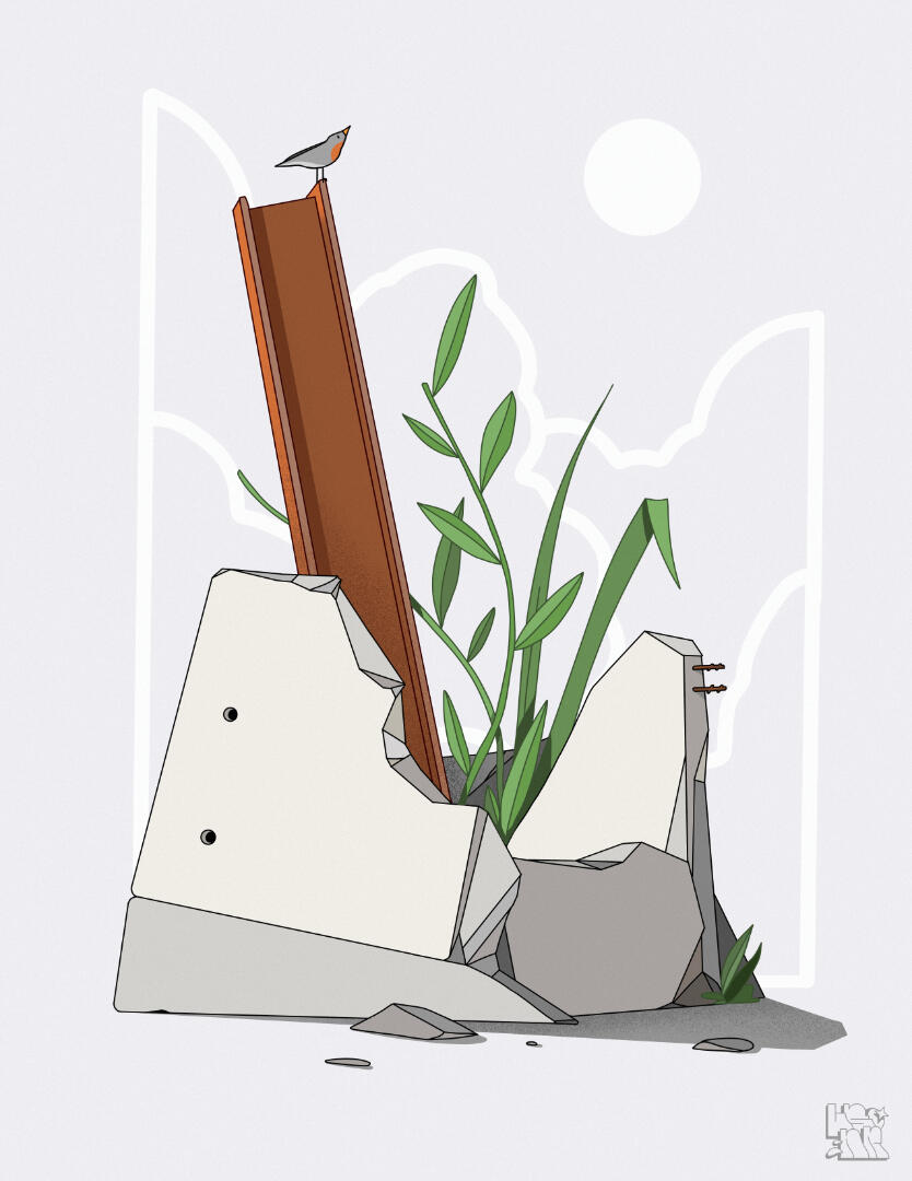 Une illustration de Lucas Saenger. Une ruine de béton et de métal de laquelle émergent des plantes et un oiseau.