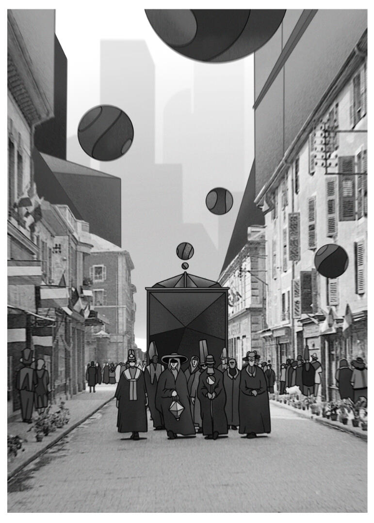 Une illustration de Lucas Saenger. Une oculte parade dans une ville futuriste.