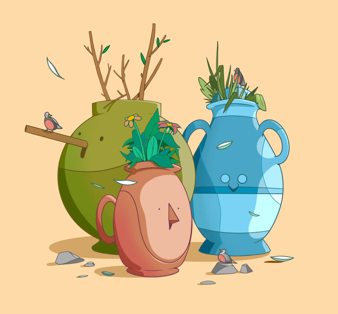 Une illustration de Lucas Saenger. Trois vases remplis de végétaux, avec de drôles de visages.