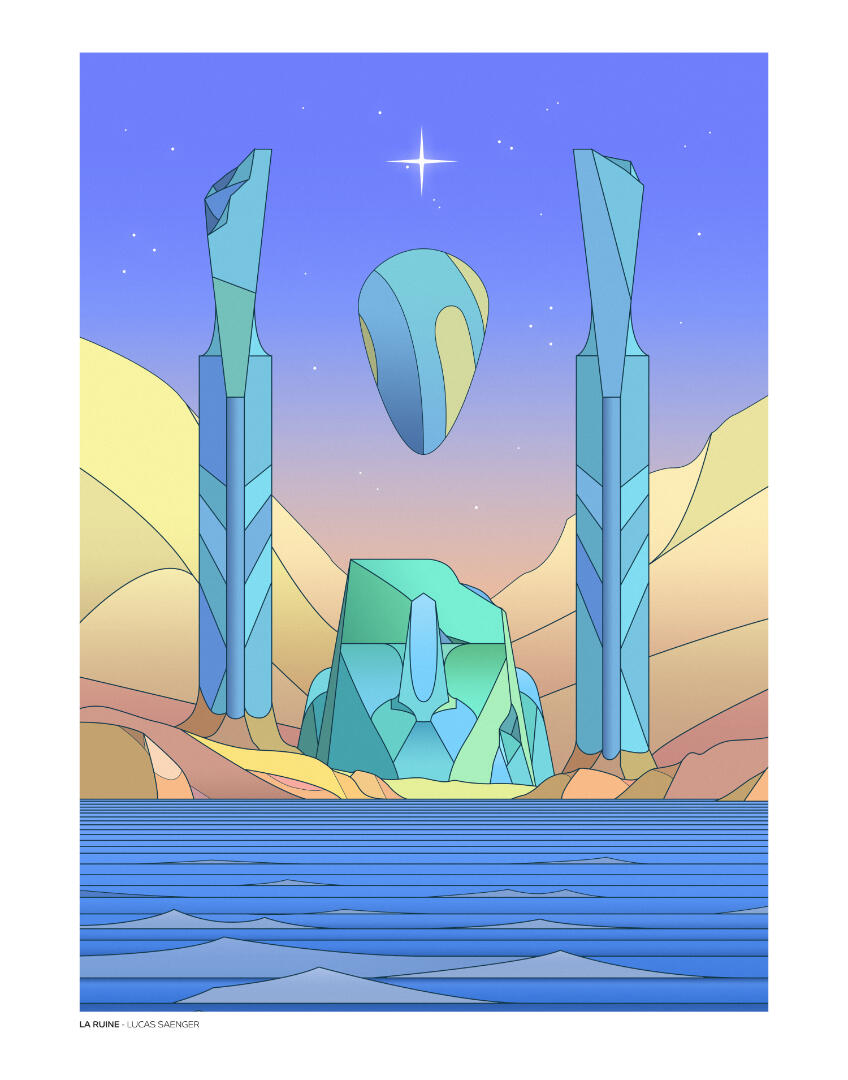 Une illustration de Lucas Saenger, représentant une ruine mystérieuse dans un paysage désertique.