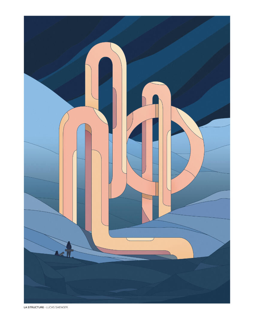Une illustration de Lucas Saenger, représentant des personnages qui observent une étrange structure.