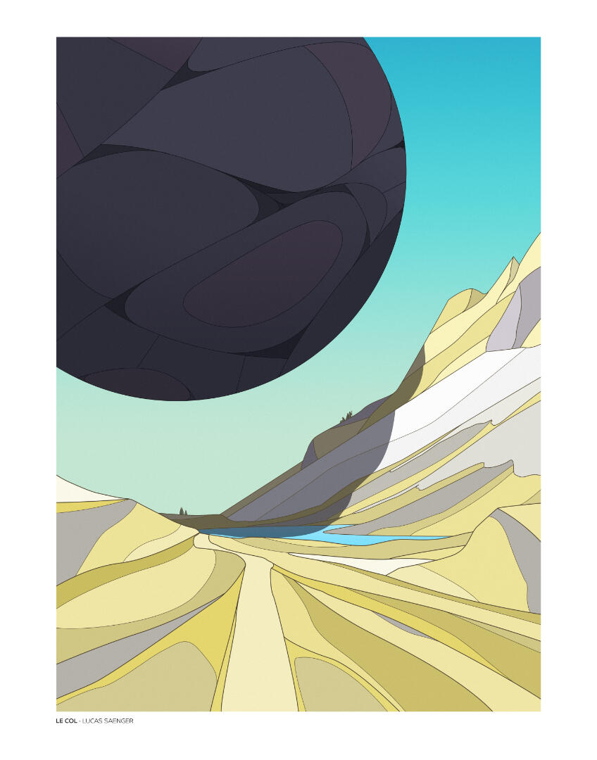 Une illustration de Lucas Saenger, représentant un col de montagne où une étrange sphère flotte au-dessus de personnages.