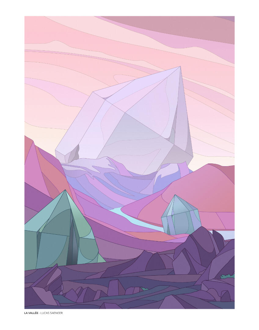 Une illustration de Lucas Saenger, représentant une vallée dans des tons roses, d'où dépassent des cristaux géants.