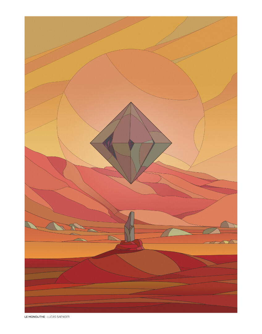 Une illustration de Lucas Saenger, représentant un paysage de vallée, et un mystérieux pilier surmonté d'un monolithe volant.