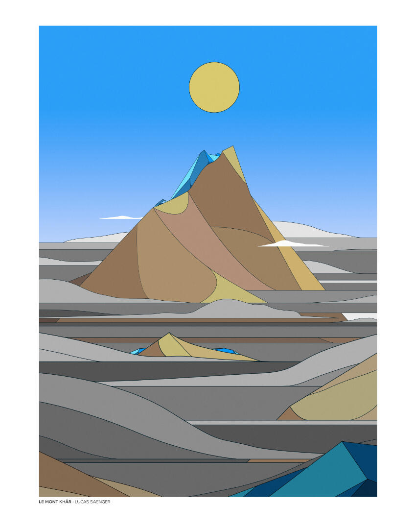 Une illustration de Lucas Saenger, représentant une montagne étrange dépassant d'une mer de nuages.