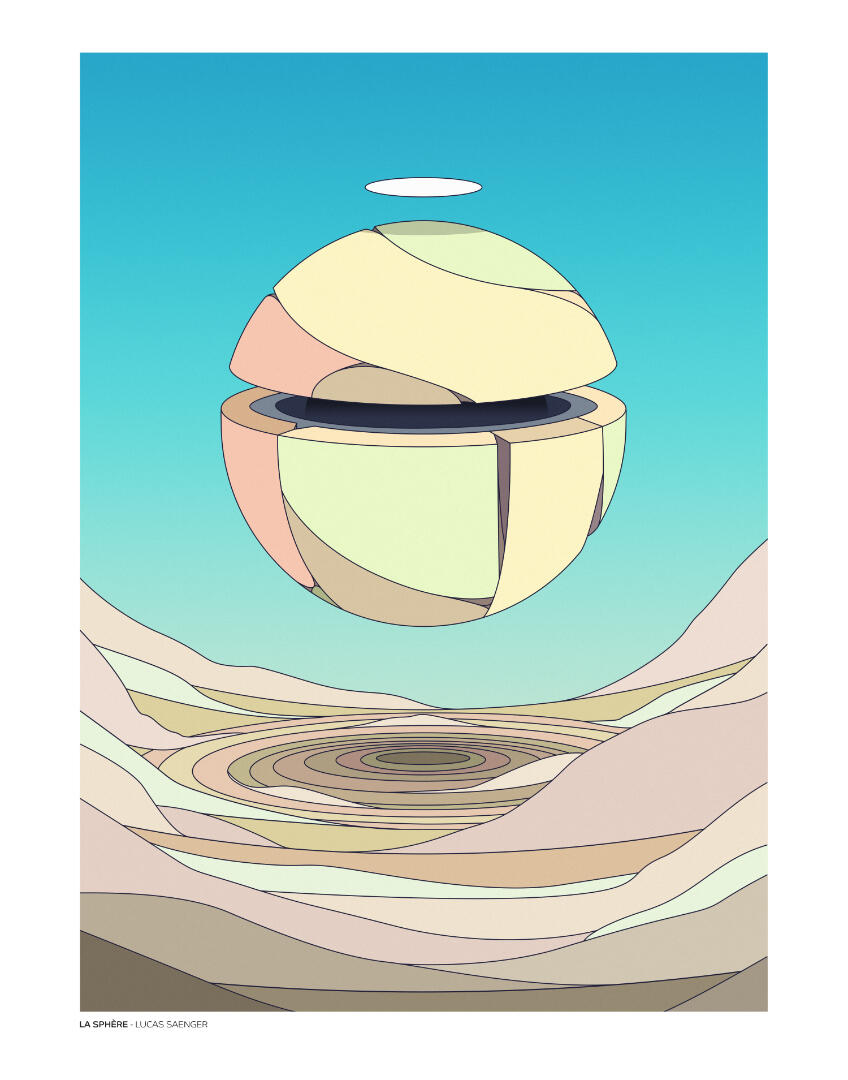Une illustration de Lucas Saenger, représentant une étrange sphère volante.