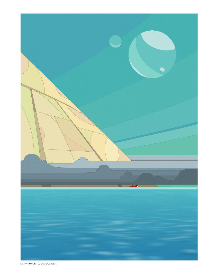 Une illustration de Lucas Saenger, représentant un paysage marin duquel dépasse une pyramide géante.