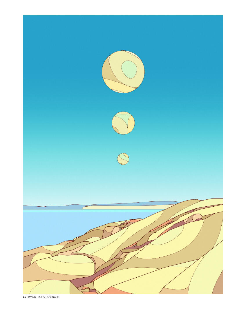 Une illustration de Lucas Saenger, représentant un paysage côtier calme et des monolithes volants.