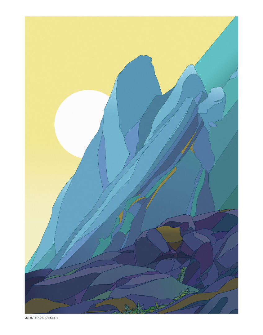 Une illustration de Lucas Saenger, représentant un paysage montagneux dans des tons verts et bleus.