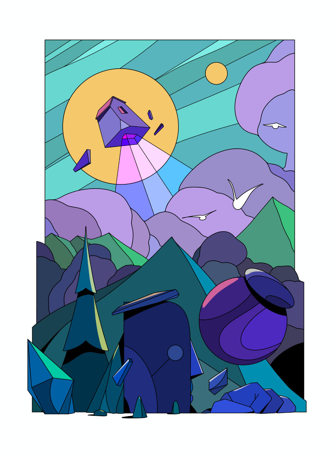 Une illustration de Lucas Saenger, représentant un paysage de fin de journée. Une maison flottante fait jaillir des rayons lumineux. Au premier plan, des ruines de vieilles statues.