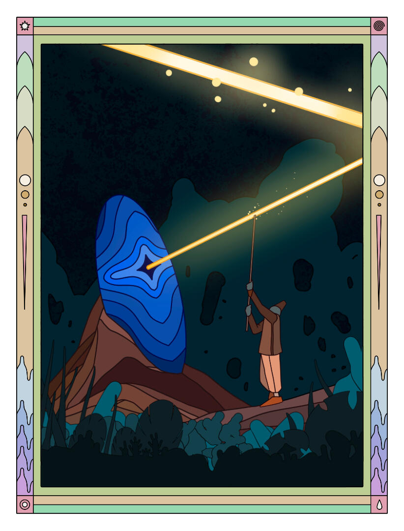 Une illustration de Lucas Saenger, qui représente un personnage récoltant une étrange lumière qui sort d'un objet bleu.